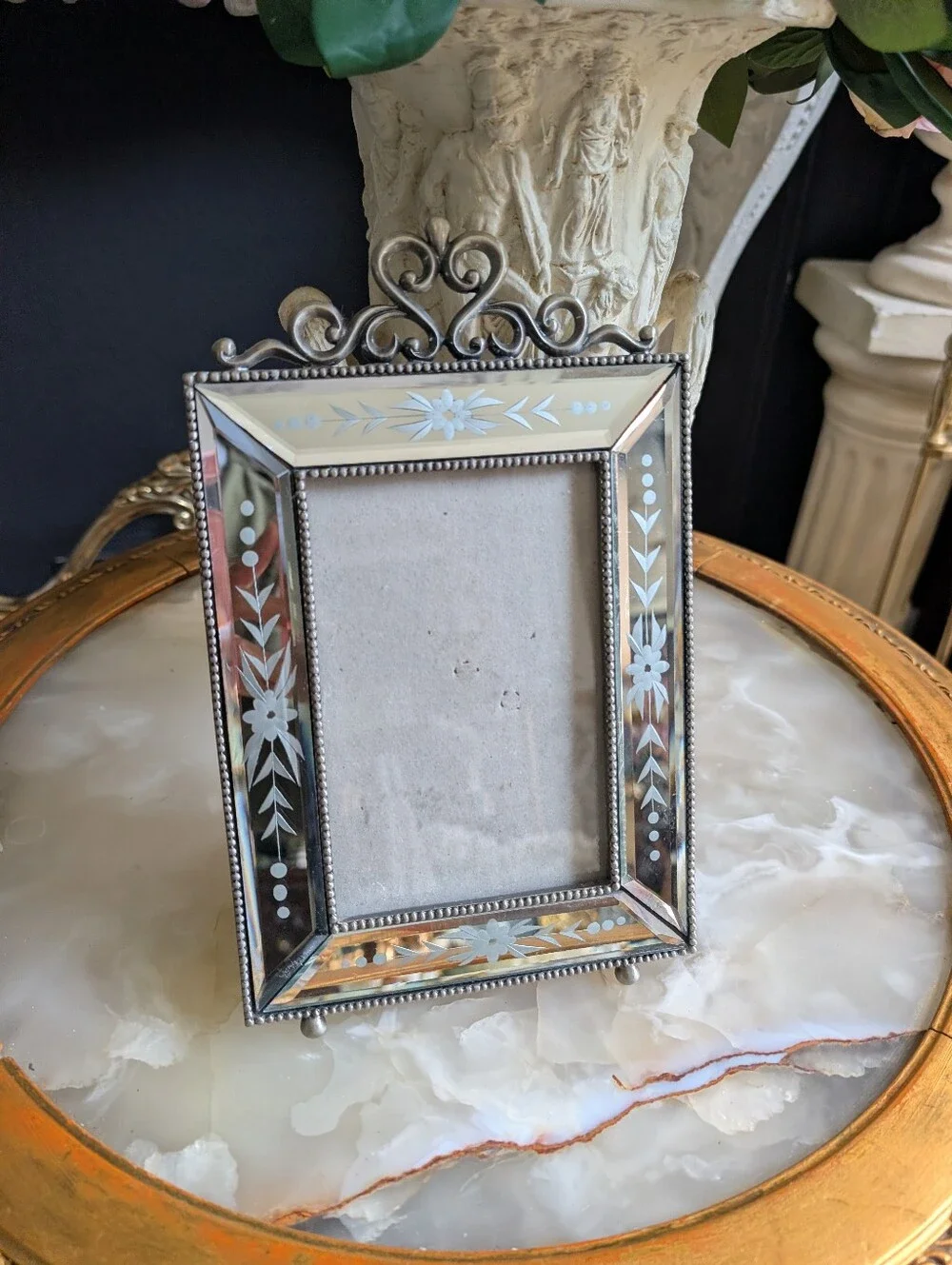 Vintage Ornate Italian Venetian-style mirrored tabletop picture frame,  hand-etc